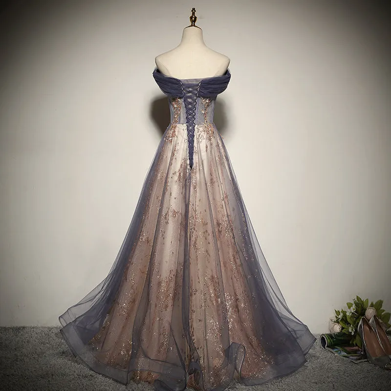 Charming Tulle Off Shoulder with Lace Applique Long Party Dress, New Prom Dress