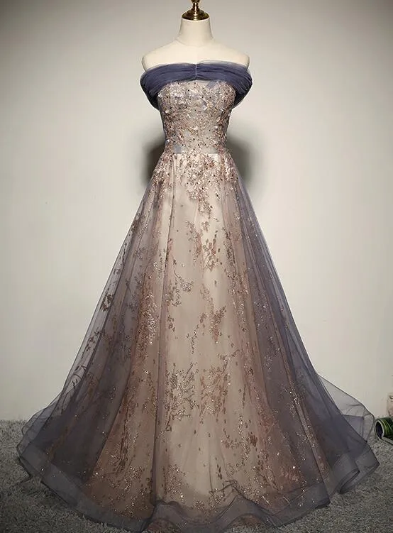 Charming Tulle Off Shoulder with Lace Applique Long Party Dress, New Prom Dress