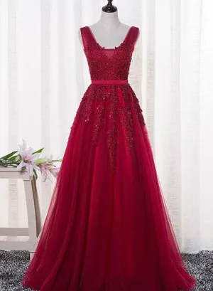 Charming Wine Red Bridesmaid Dress, Lace V-neckline Party Gown