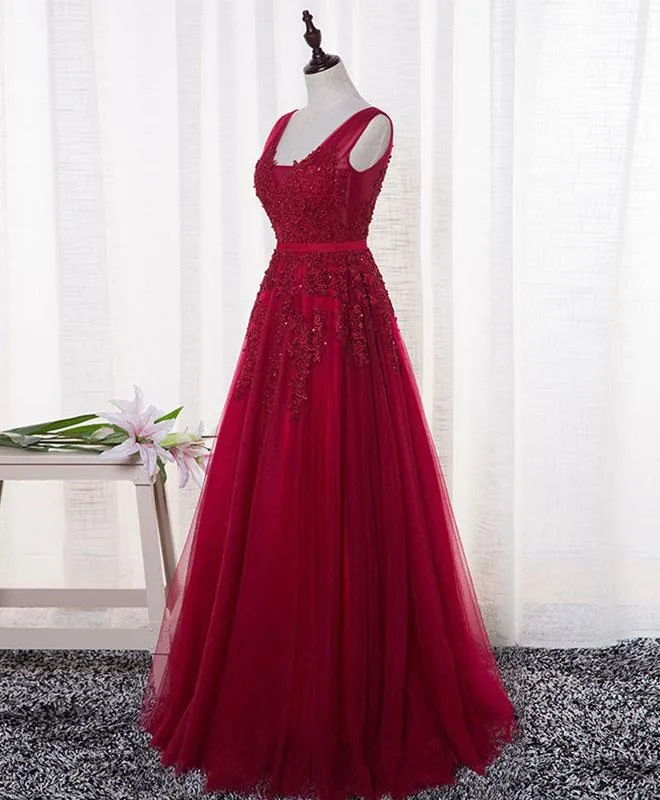 Charming Wine Red Bridesmaid Dress, Lace V-neckline Party Gown