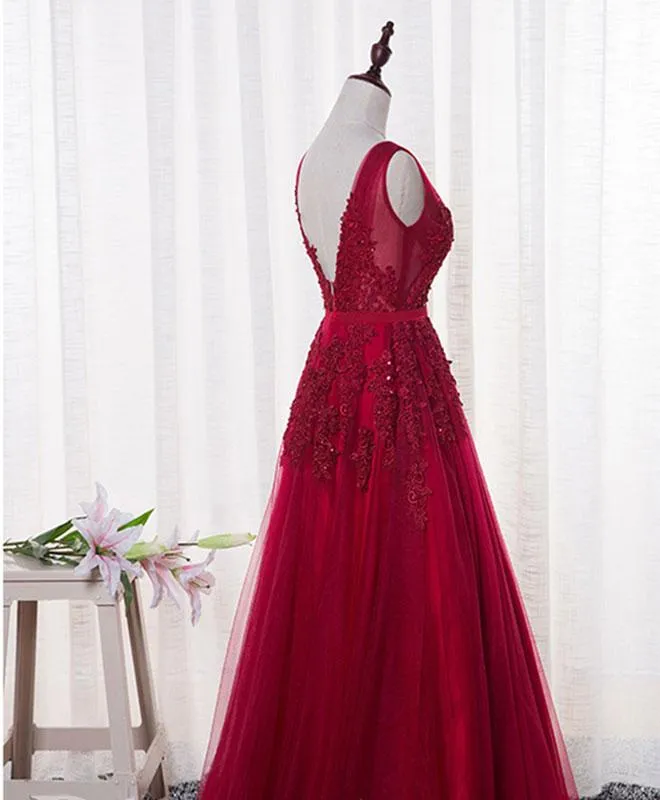 Charming Wine Red Bridesmaid Dress, Lace V-neckline Party Gown