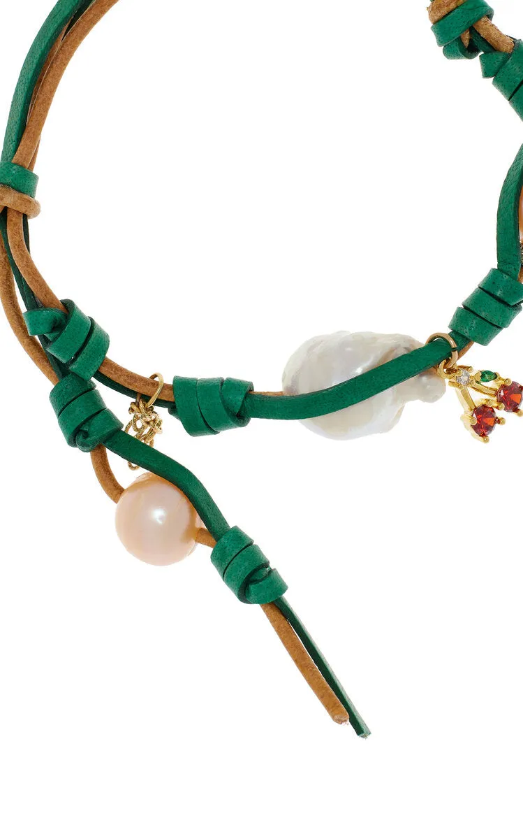 Cherry Tree Knotted Leather 18K Yellow Gold Pearl, Diamond Bracelet
