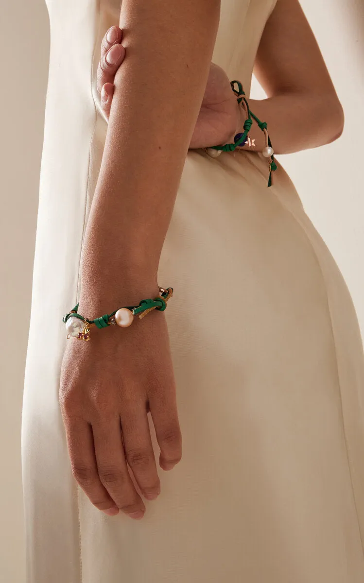 Cherry Tree Knotted Leather 18K Yellow Gold Pearl, Diamond Bracelet