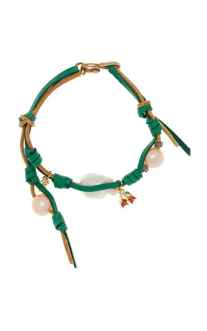 Cherry Tree Knotted Leather 18K Yellow Gold Pearl, Diamond Bracelet