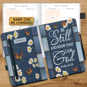 Christianartbag Leather Journal, Be Still And Know That I Am God Butterfly Denim Style Psalm 46 10 Leather Journal, Personalized Leather Prayer Journal, Christian Journal, Christian Gifts, CABCJ05100124.