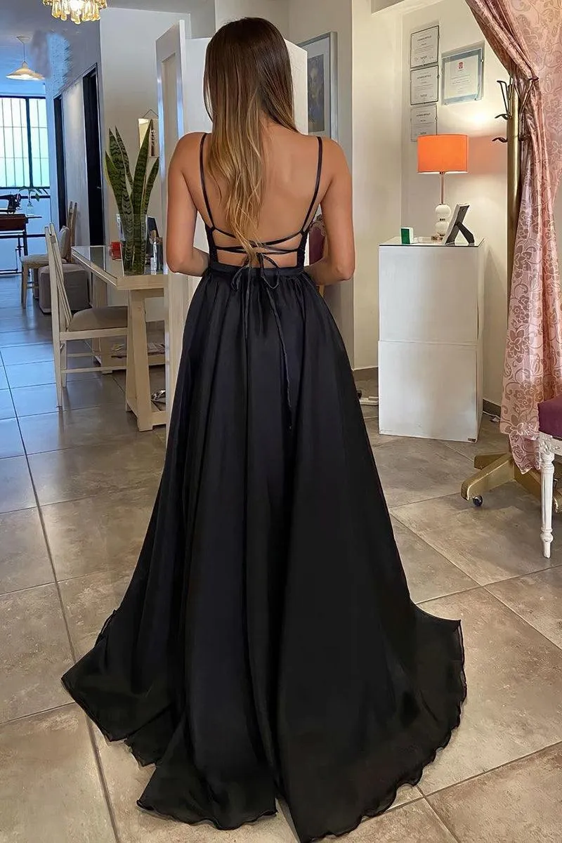 Classic Detachable A-Line V-Neck Sequins Black Tulle Prom Formal Gown  PSK383