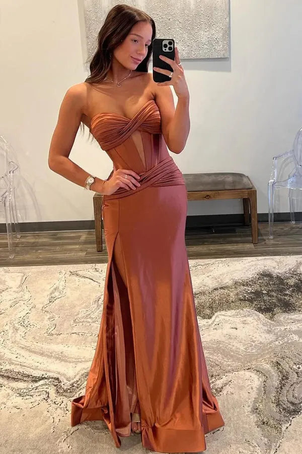 Classy Strapless Keyhole Mermaid Satin Prom Dress with Slit TP1384