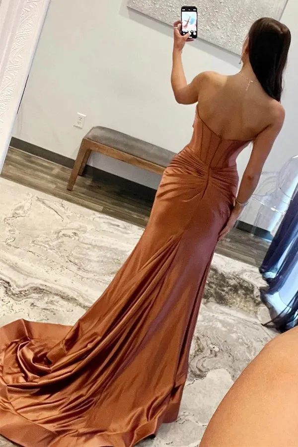 Classy Strapless Keyhole Mermaid Satin Prom Dress with Slit TP1384