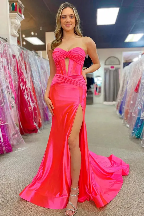Classy Strapless Keyhole Mermaid Satin Prom Dress with Slit TP1384