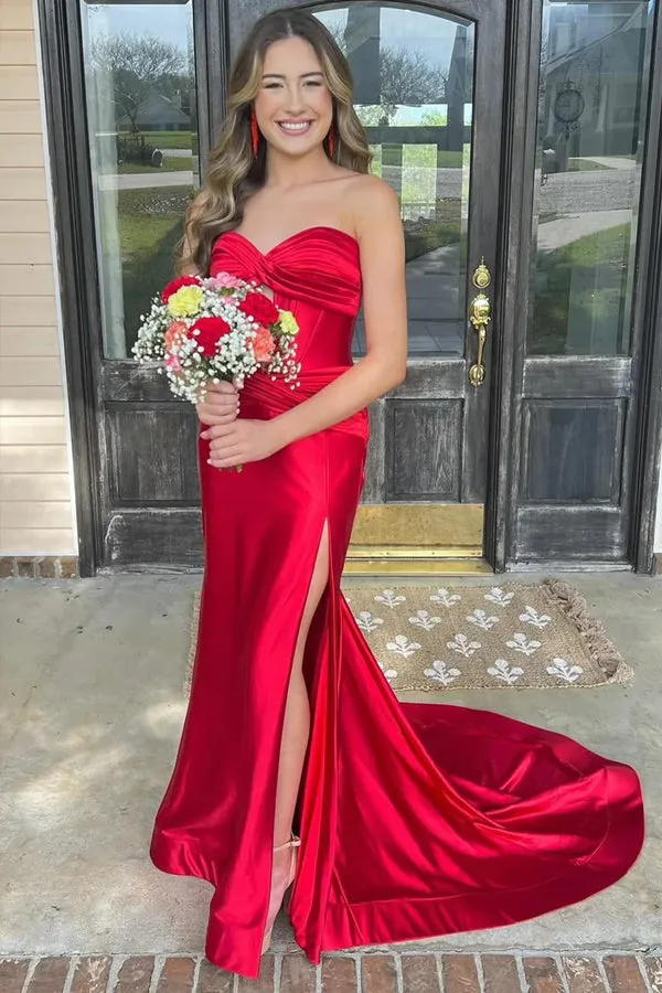 Classy Strapless Keyhole Mermaid Satin Prom Dress with Slit TP1384