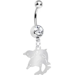 Clear Gem Family of Dolphins Dangle Belly Ring
