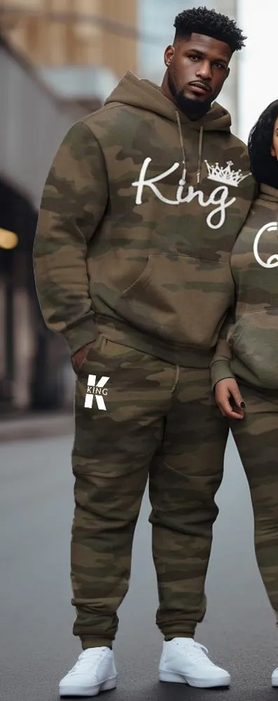 Couple Large Size Casual Couple Outfit Camouflage Graffiti King Queen Hoodie Set