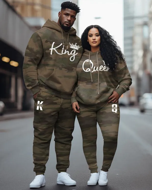 Couple Large Size Casual Couple Outfit Camouflage Graffiti King Queen Hoodie Set