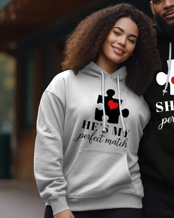 Couple's Plus Size Simple Casual Retro He Is My Perfect Match Long Sleeve Hoodie