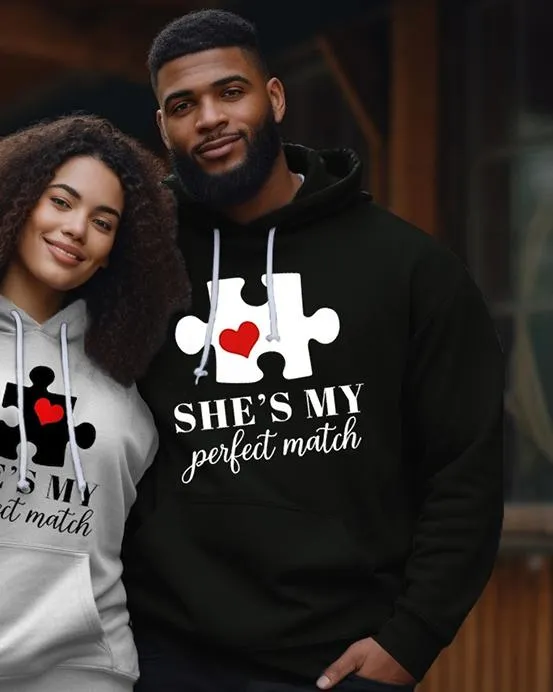 Couple's Plus Size Simple Casual Retro He Is My Perfect Match Long Sleeve Hoodie