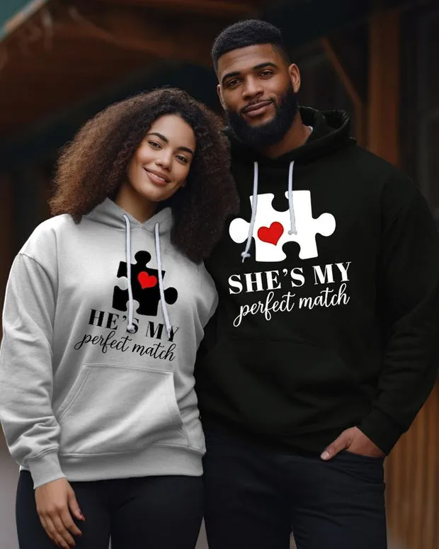 Couple's Plus Size Simple Casual Retro He Is My Perfect Match Long Sleeve Hoodie