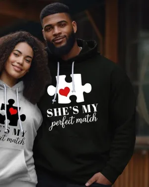Couple's Plus Size Simple Casual Retro He Is My Perfect Match Long Sleeve Hoodie