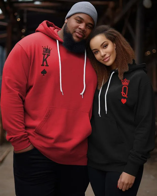 Couple's Plus Size Simple Casual Retro Lover King Queen Long Sleeve Hoodie