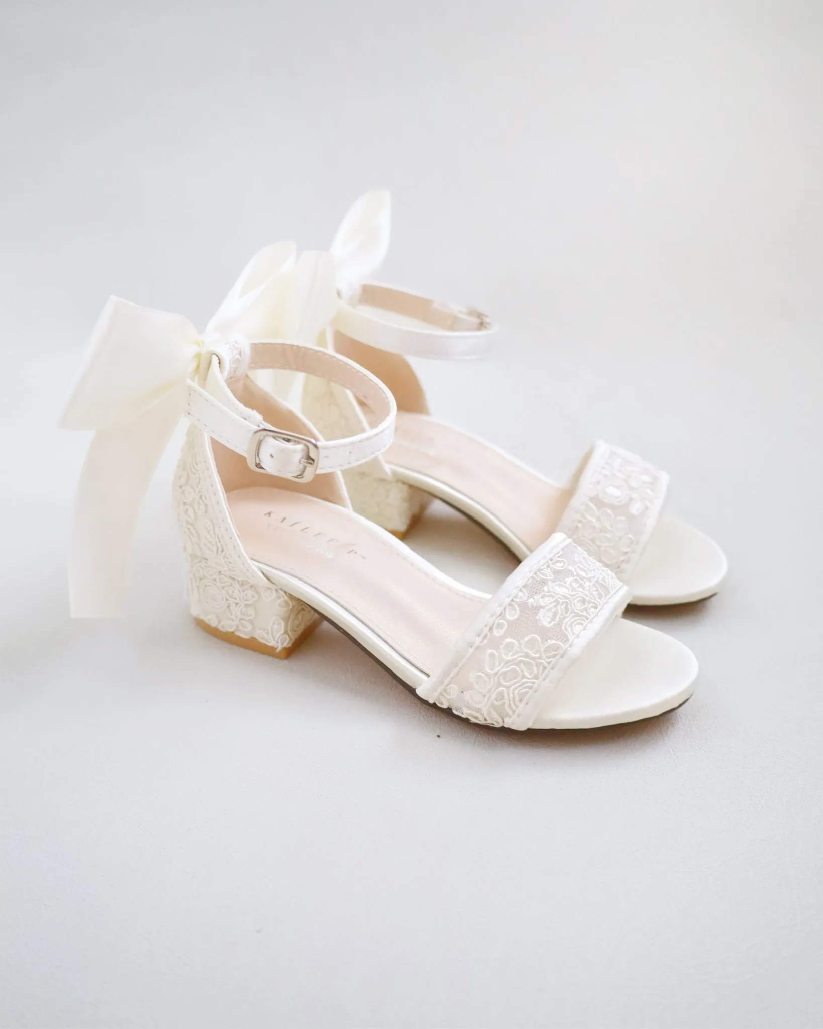 Crochet Lace Low Block Heel Girls Sandals with Back Satin Bow