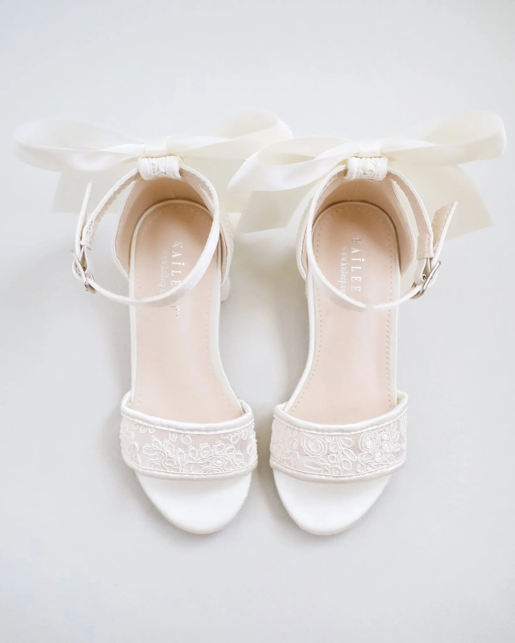 Crochet Lace Low Block Heel Girls Sandals with Back Satin Bow