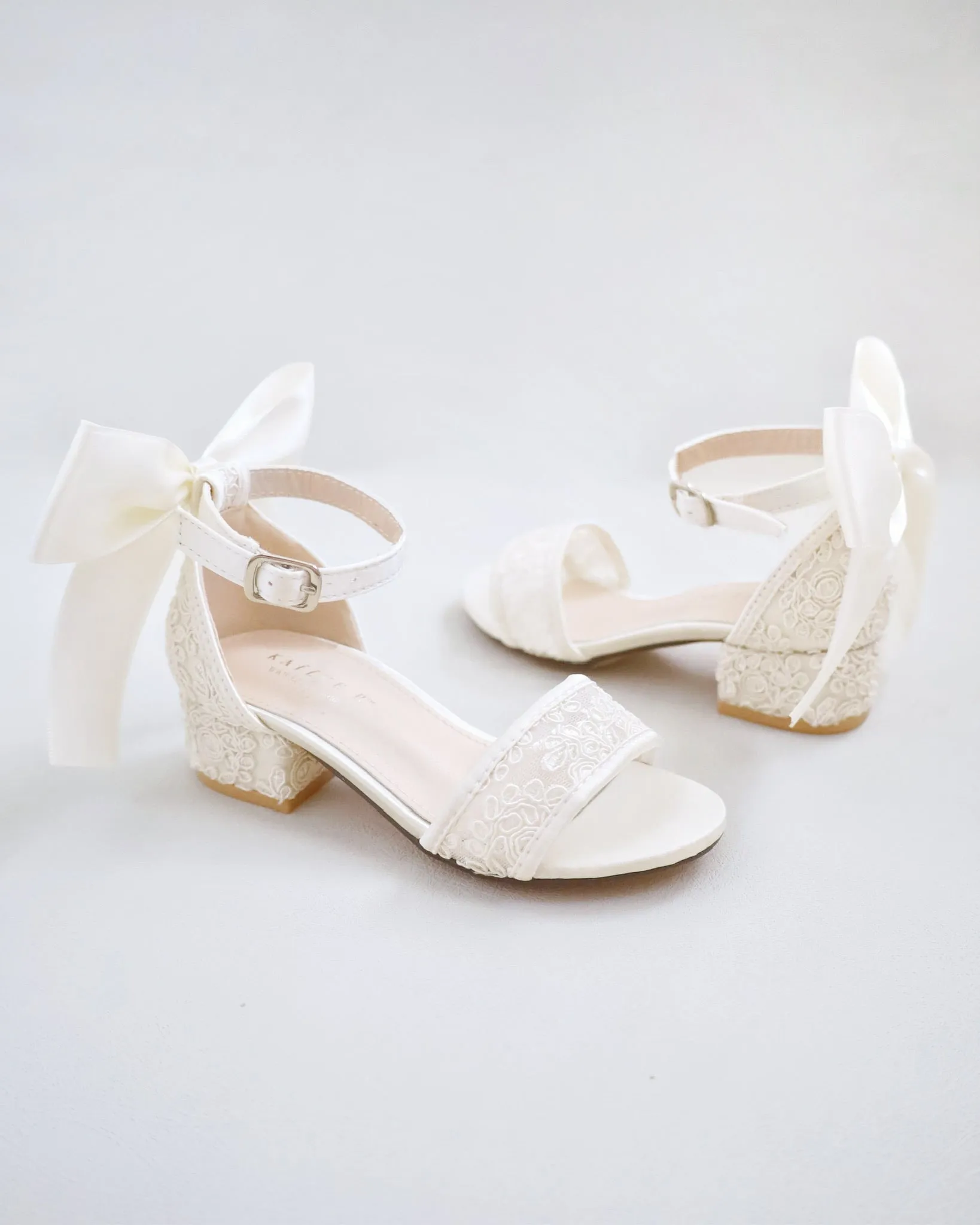 Crochet Lace Low Block Heel Girls Sandals with Back Satin Bow