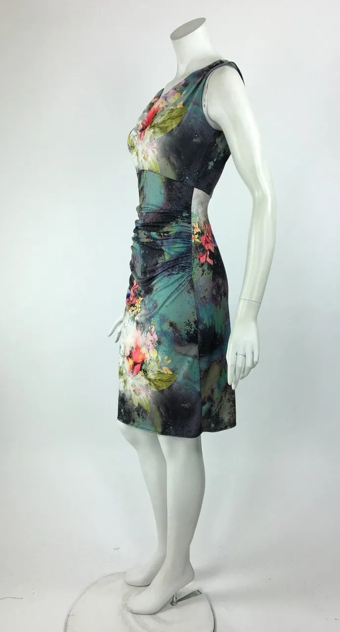 CUPID Cowl Neck Sleeveless Ruched Knee Length Print Dress