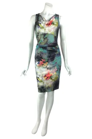 CUPID Cowl Neck Sleeveless Ruched Knee Length Print Dress