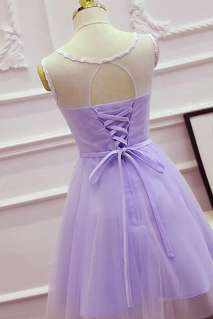 Cute Light Purple Tulle Short Prom Dress, Lace Applique Formal Dress