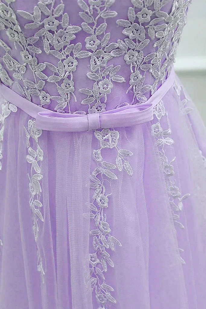 Cute Light Purple Tulle Short Prom Dress, Lace Applique Formal Dress