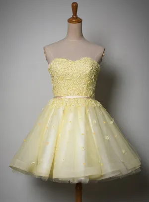 Cute Light Yellow Tulle Sweetheart Short Party Dress, Homecoming Dress