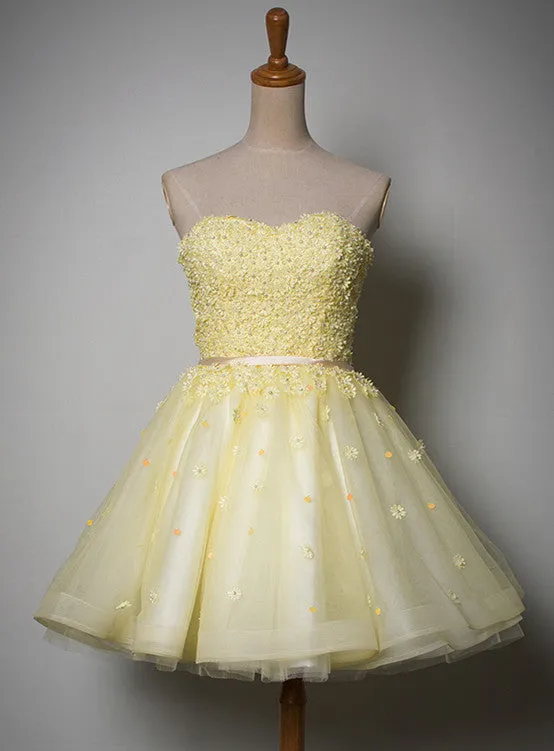 Cute Light Yellow Tulle Sweetheart Short Party Dress, Homecoming Dress