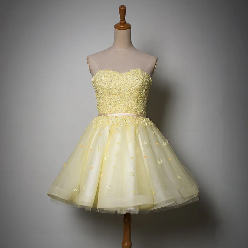 Cute Light Yellow Tulle Sweetheart Short Party Dress, Homecoming Dress