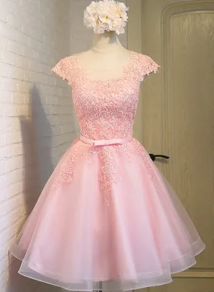 Cute Pink Round Neckline Tulle Party Dress, Pink Cap Sleeves Formal Dress