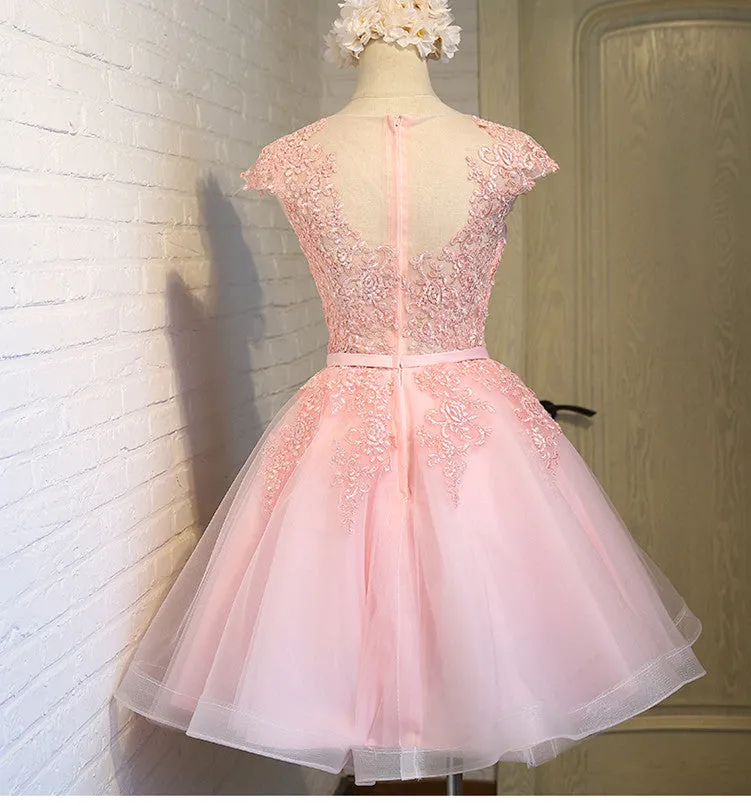 Cute Pink Round Neckline Tulle Party Dress, Pink Cap Sleeves Formal Dress