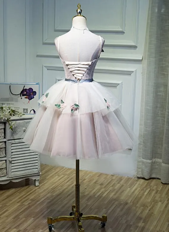 Cute Pink Tulle Short Flowers Lace Layers Formal Dresses, Pink Short Homecoming Dresses
