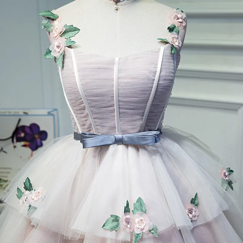 Cute Pink Tulle Short Flowers Lace Layers Formal Dresses, Pink Short Homecoming Dresses