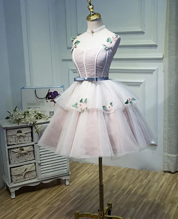 Cute Pink Tulle Short Flowers Lace Layers Formal Dresses, Pink Short Homecoming Dresses