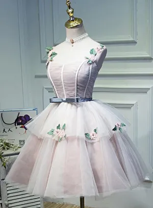 Cute Pink Tulle Short Flowers Lace Layers Formal Dresses, Pink Short Homecoming Dresses