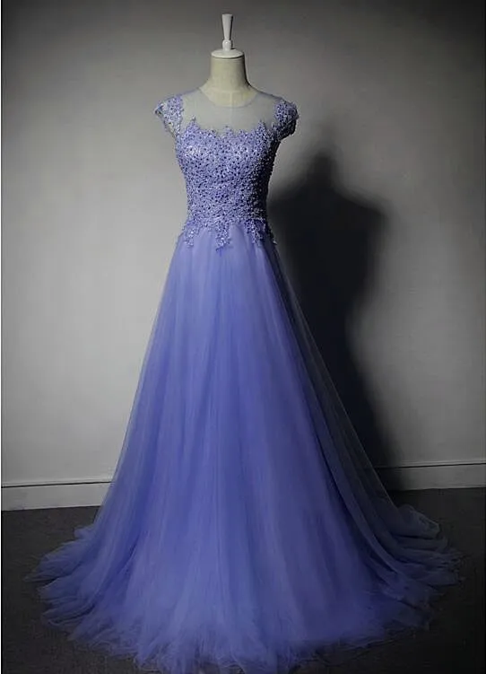 Cute Purple Tulle A-line Bridesmaid Dress, Lace Applique Prom Dress