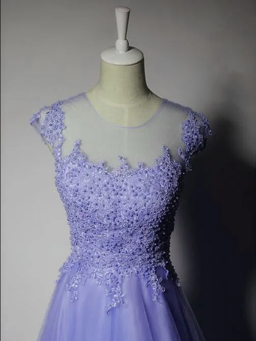 Cute Purple Tulle A-line Bridesmaid Dress, Lace Applique Prom Dress