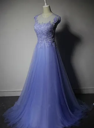 Cute Purple Tulle A-line Bridesmaid Dress, Lace Applique Prom Dress
