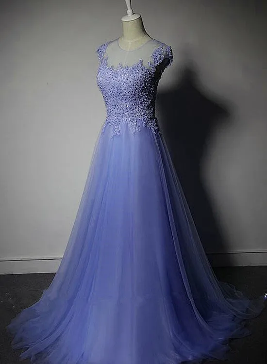 Cute Purple Tulle A-line Bridesmaid Dress, Lace Applique Prom Dress
