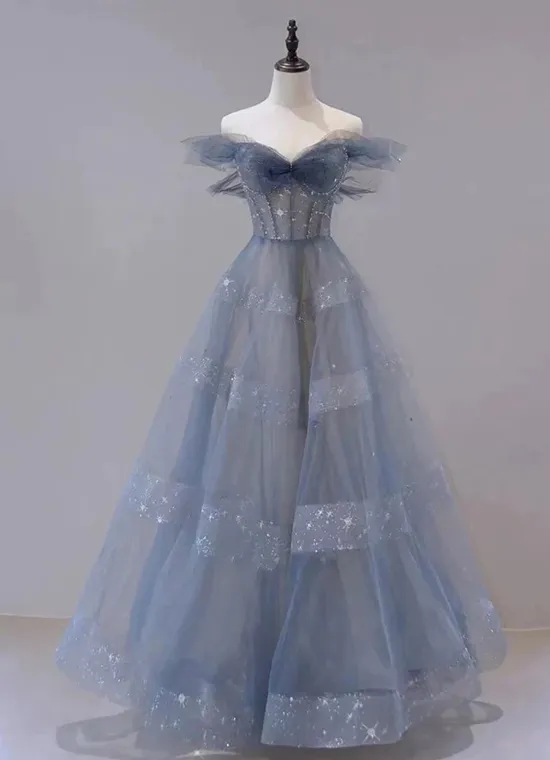 Cute Sweetheart Off Shoulder Layers Tulle Long Evening Dress, Blue Formal Dress