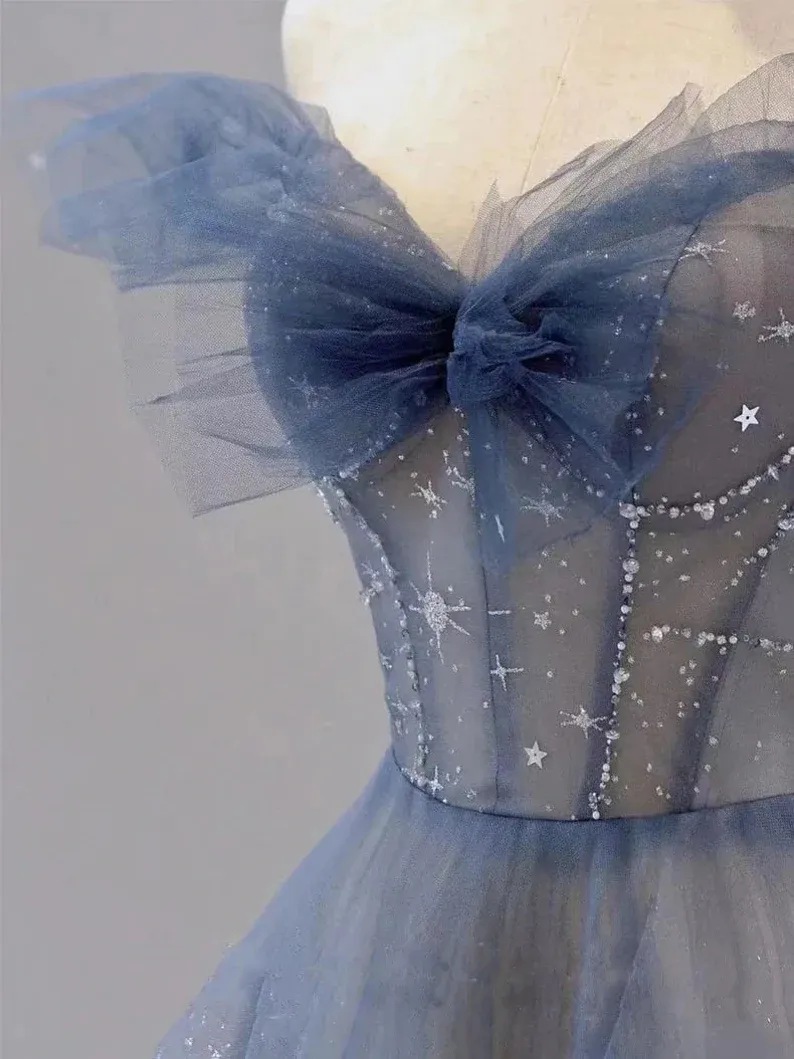Cute Sweetheart Off Shoulder Layers Tulle Long Evening Dress, Blue Formal Dress