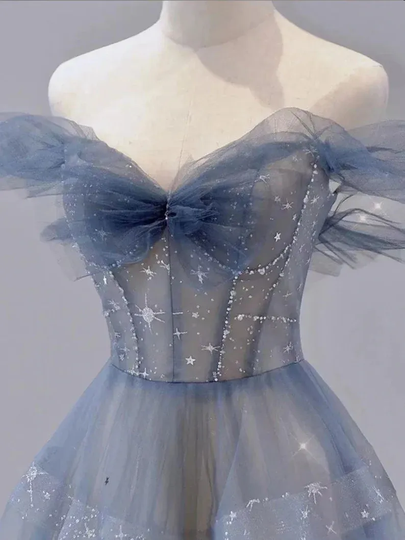 Cute Sweetheart Off Shoulder Layers Tulle Long Evening Dress, Blue Formal Dress