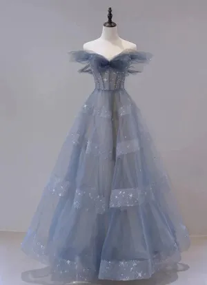 Cute Sweetheart Off Shoulder Layers Tulle Long Evening Dress, Blue Formal Dress