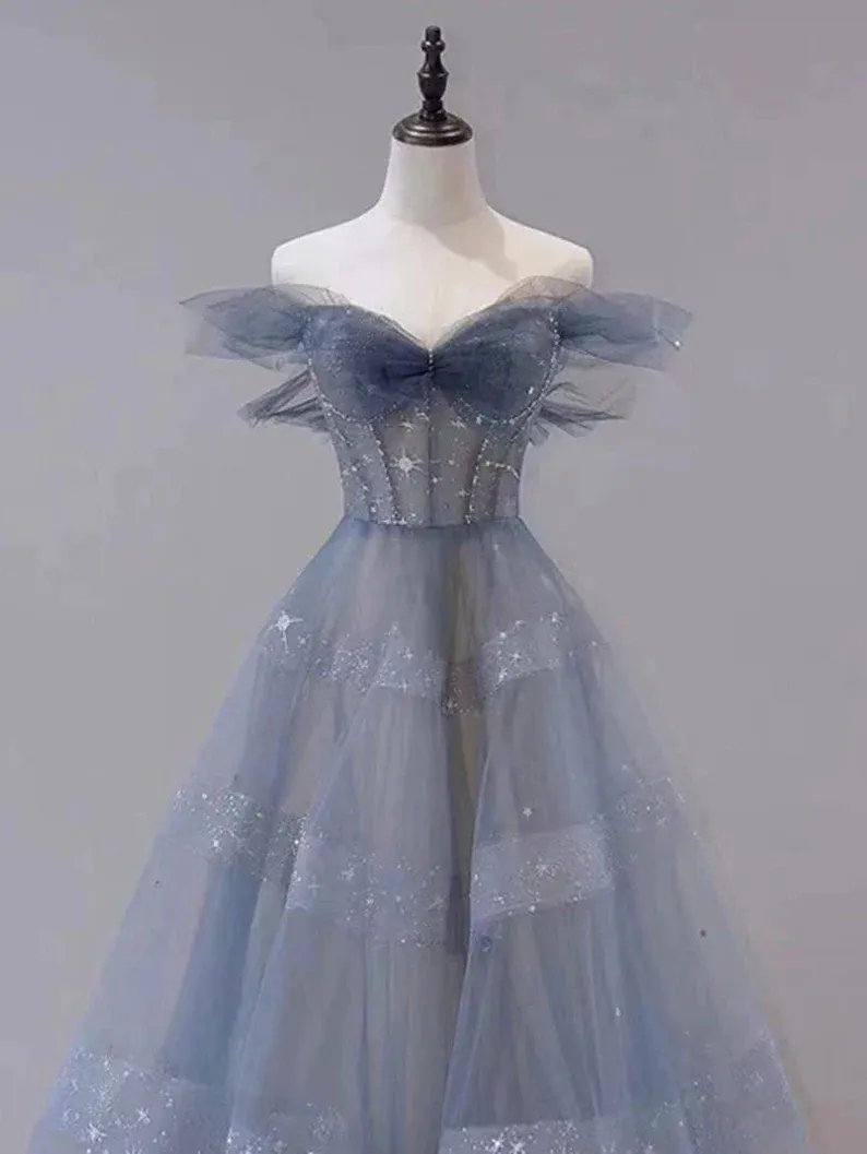 Cute Sweetheart Off Shoulder Layers Tulle Long Evening Dress, Blue Formal Dress