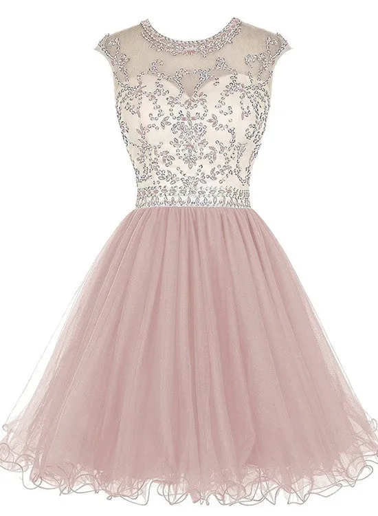 Cute Tulle Short Beaded Formal Dress 2019, Lovely Party Dresses