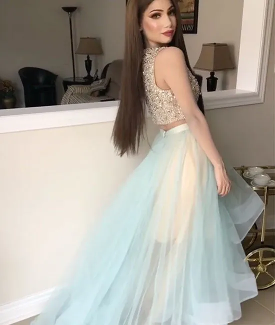 Cute two pieces tulle sequin long prom dress, formal dresses