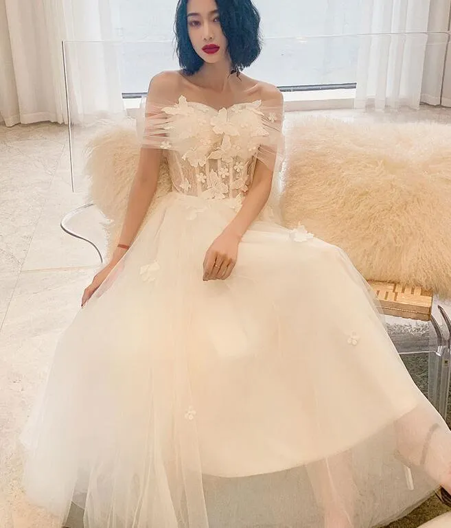 Cute White Tulle Tea length Off Shoulder Princess Party Dress, Lovely White Formal Dress